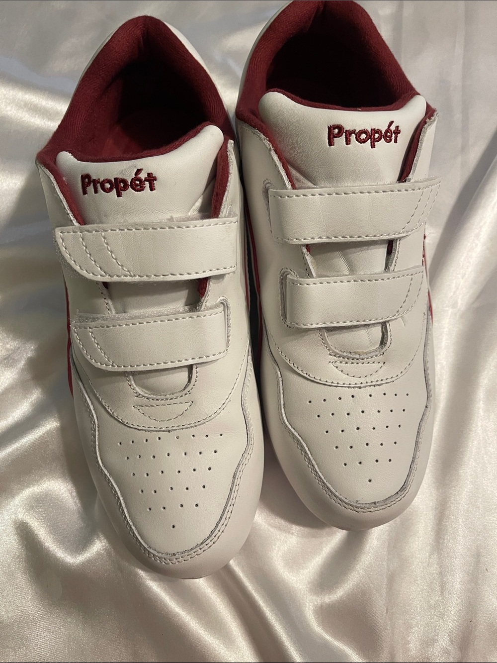Propet Woman’s White and Burgundy Hook-and-Loop Sneakers